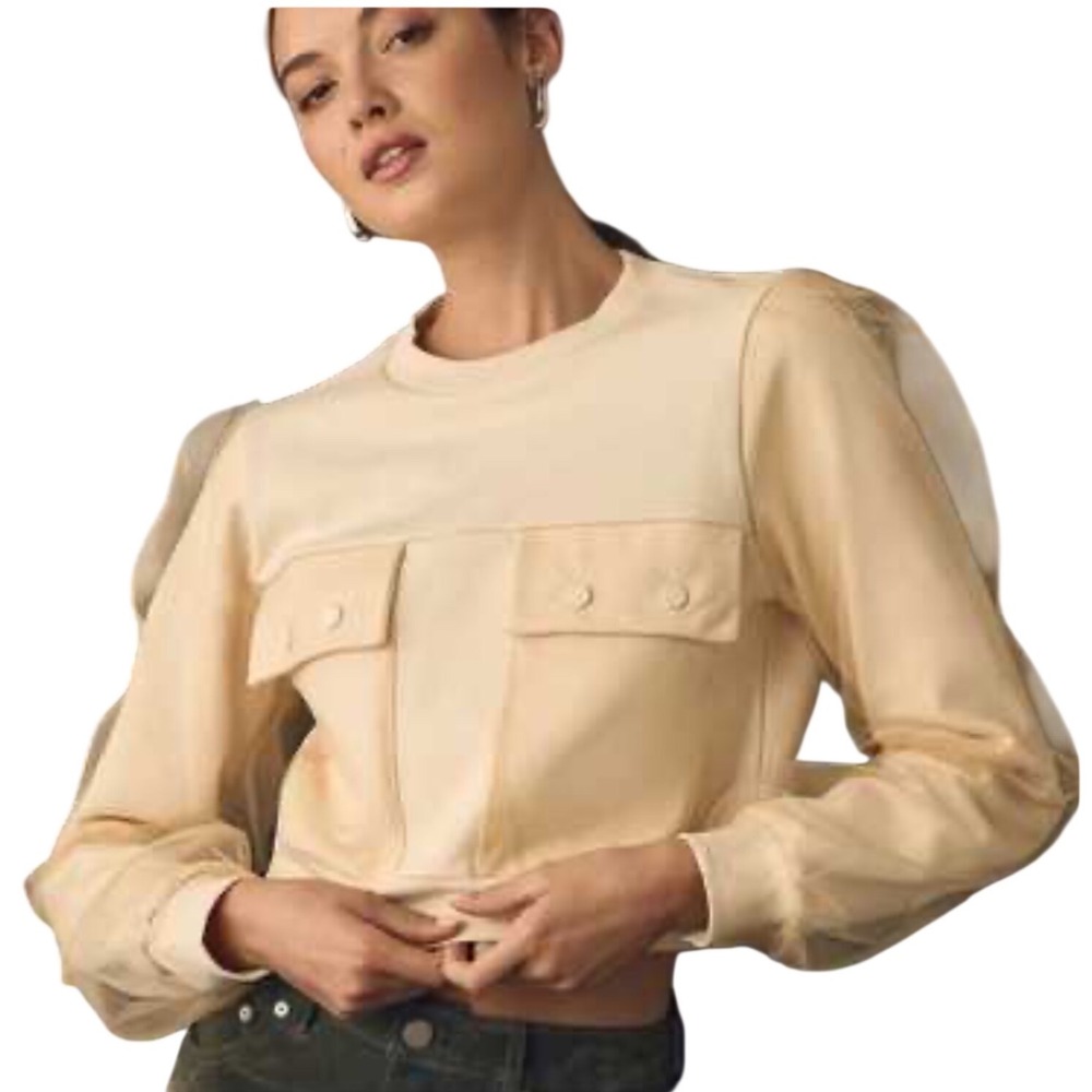 Anthropologie Cream Utility Pocket Sweatshirt Sheer Puff Sleeve M feminine